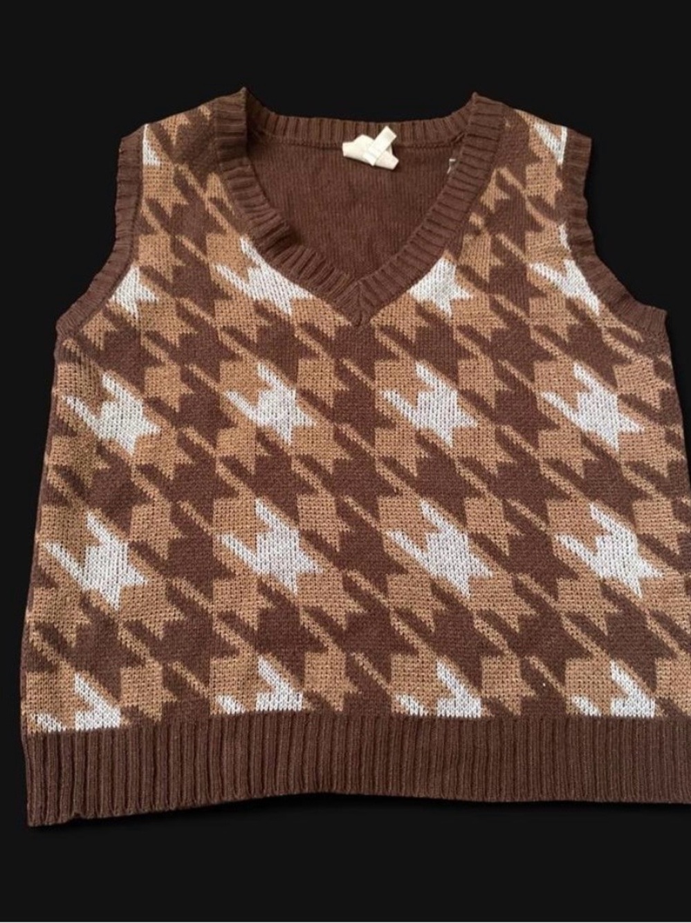 Brown Houndstooth V-Neck Sweater Vest